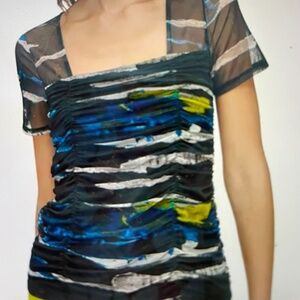 DKNY Mesh, ruched, short sleeve day into night top blue/black/white. NWT